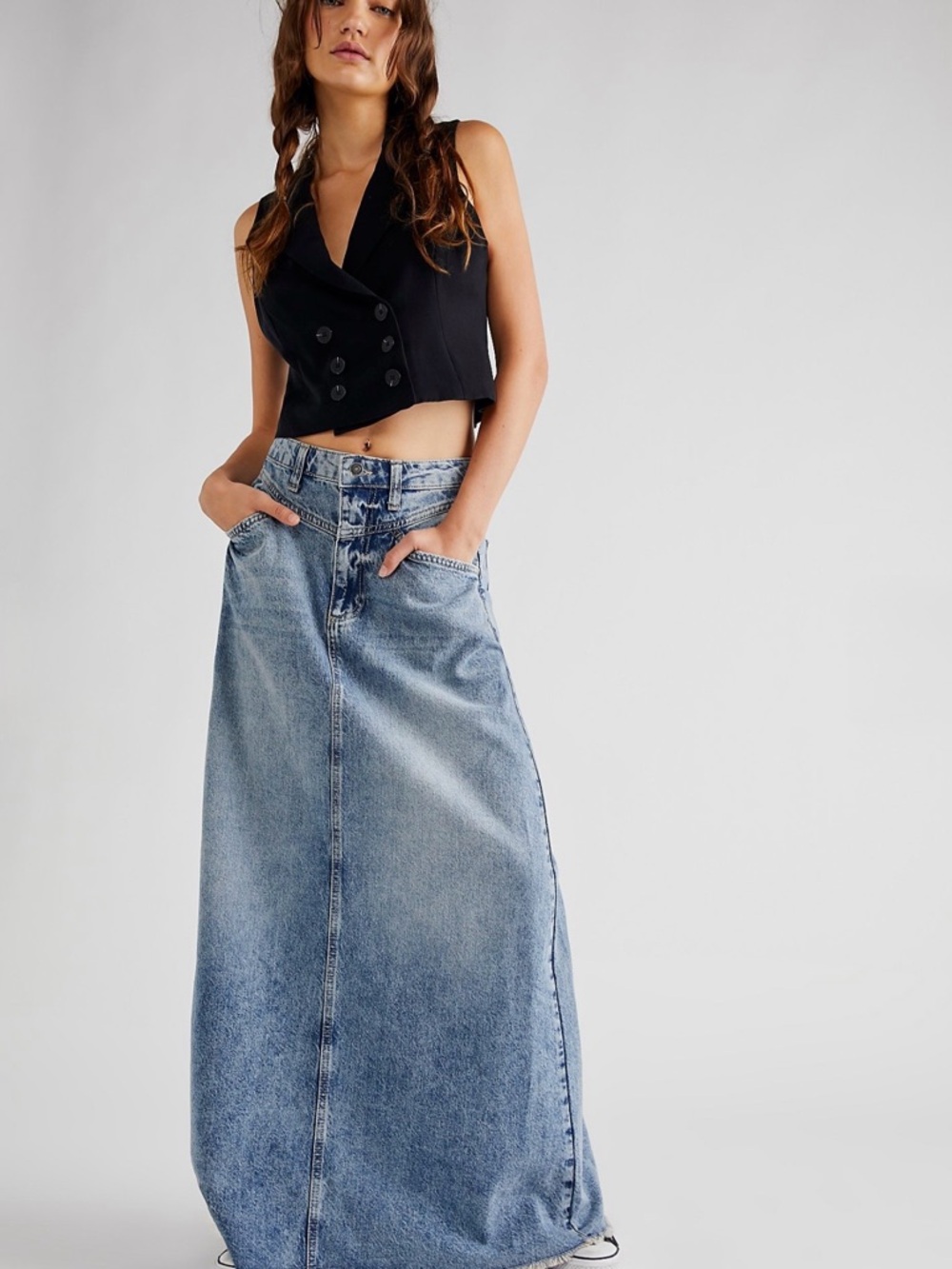 Free People We The Free Come As You Are Denim Maxi Skirt Size 0